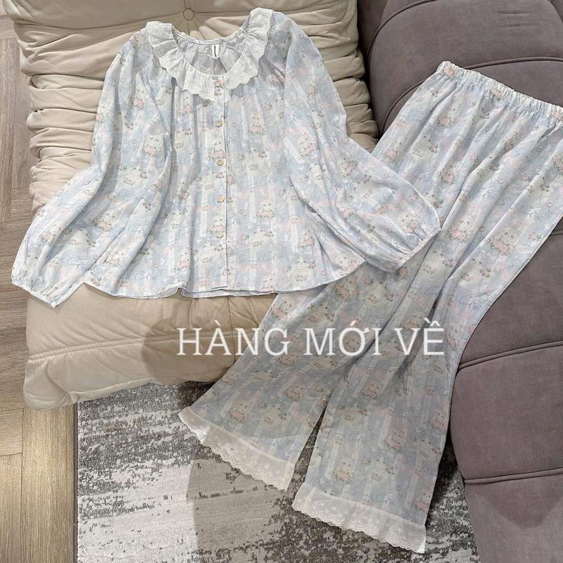  N425- Pijama dài tay tiểu thư chất đũi thô mềm cho nữ hoạ tiết gấu xanh- Bộ ngủ mặc nhà hàng quảng châu cao cấp 