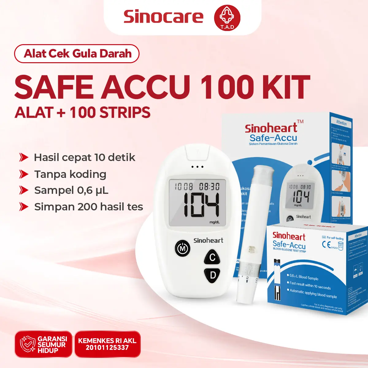 Sinoheart Alat Cek Gula Darah  Safe Accu Instant BGM 200 Memori HCT 30-60% Sinocare