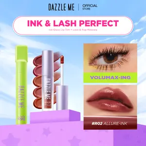 [PAKET LIP & EYE MAKEUP 2PCS] DAZZLE ME Ink & Lash Perfection Bundle Lock and Pop! Mascara Ink-Gloss Lip Cream Tahan Lama & Tahan Air Waterproof Smudgeproof Transferproof