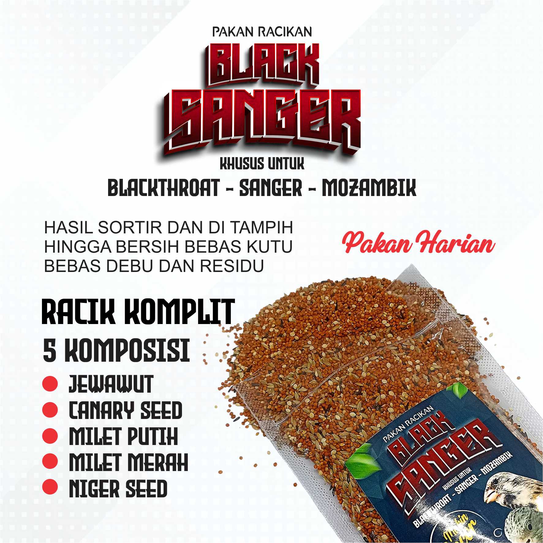 PAKAN BURUNG BLACKTHROAT SANGER DAN MOZAMBIK ISI 250 GRM CAMPURAN JEWAWUT MILET MERAH PUTIH NIGER CANARY SEED PAKAN BURUNG BLACKTHROAT SANGER DAN MOZAMBIK ISI 250 GRM CAMPURAN JEWAWUT MILET MERAH PUTIH NIGER CANARY SEED