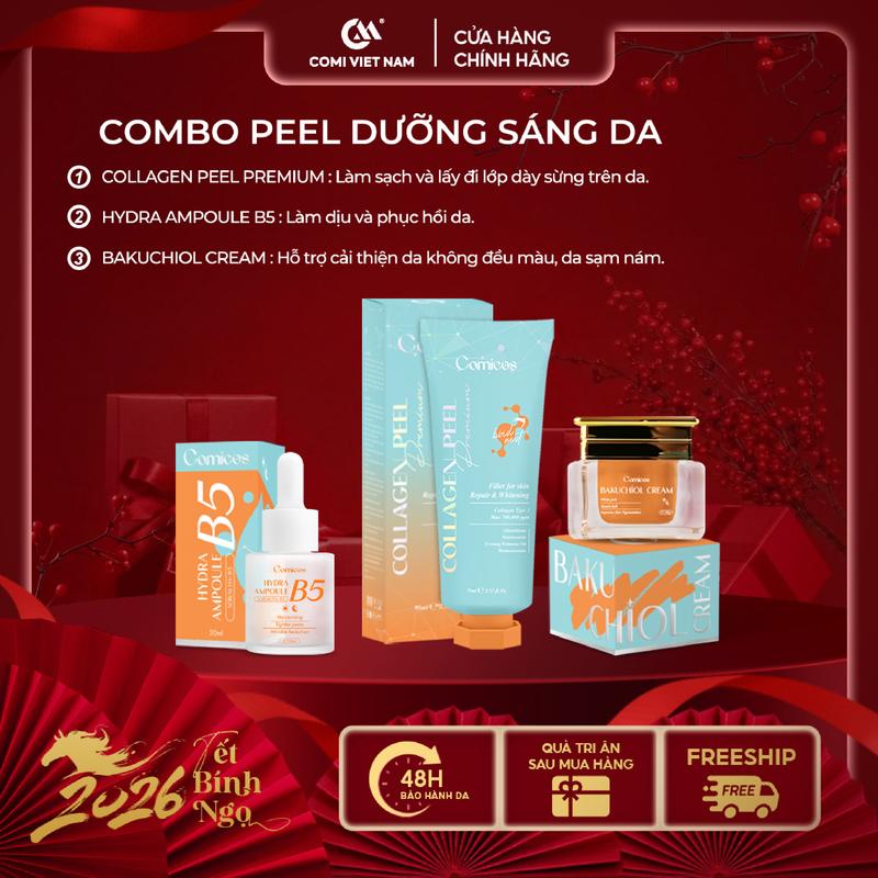   COMI VIETNAM   MUA 1 ĐƯỢC 3 UPSIZE  Combo Peel Collagen Comi 4K 75Ml  + Serum B5 HA 20Ml  + Kem Face Huyết Yến Bakuchiol 20G  - Dưỡng trắng Cấp ẩm Giảm Thâm Nám. Skincare 