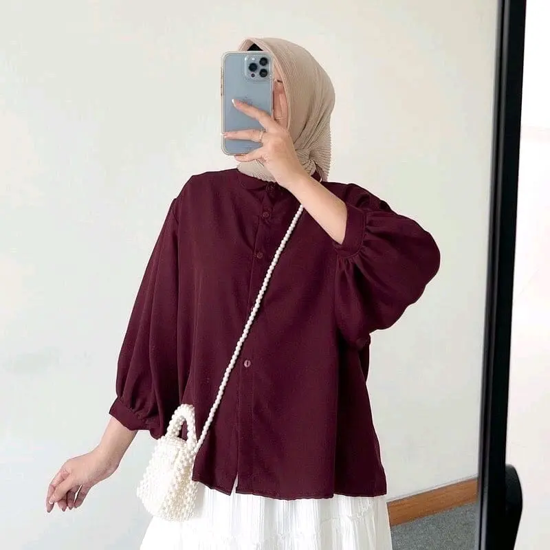 Blouse Kemeja Elze Atasan Wanita Shakila Twill Polos Lengan Balon Full Kancing Baju Panjang Oversize 8