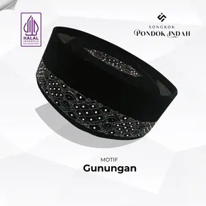 Songkok lukis PONDOK INDAH Hitam AC Soga Motif GUNUNGAN Beludru Premium