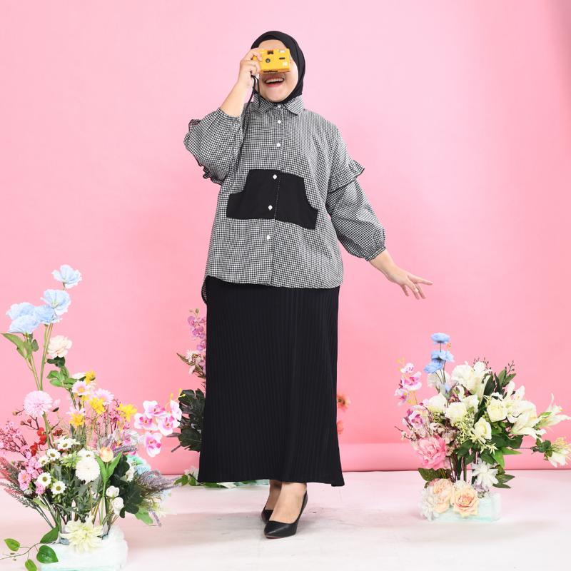 Siselyo Aniisa Pocket Square Tops – Atasan Wanita Big Size – Kemeja Lengan Panjang Jumbo Wanita kemeja  viral 0