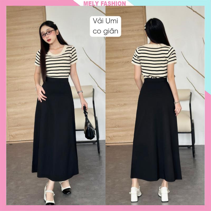 Chân váy chữ a dài Mely Fashion dáng suông midi xòe dài qua gối ulzzang vintage màu đen tôn dáng dễ phối đồ CV55-01