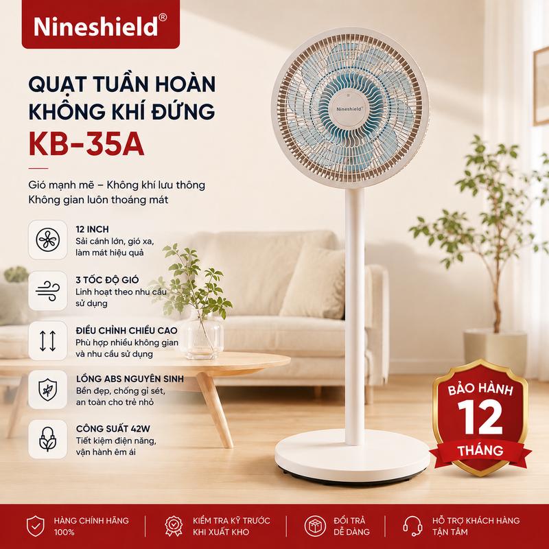 Quạt Điện Tuần Hoàn Không Khí Nineshield KB-35A 12 Inch - 3 Tốc Độ Gió, Điều Chỉnh Chiều Cao, Công Suất 42W, Bảo Hành 12 Tháng
