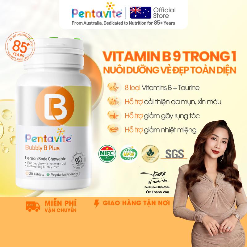 [PENTAVITE] Vitamin B Complex Viên Nhai - 9 dưỡng chất trong mỗi viên: 8 loại Vitamin B + Taurine - Hỗ trợ chuyển hóa năng lượng, hạn chế rụng tóc, giảm mệt mỏi - Hộp 30 viên - Chứng nhận VFA, NIFC