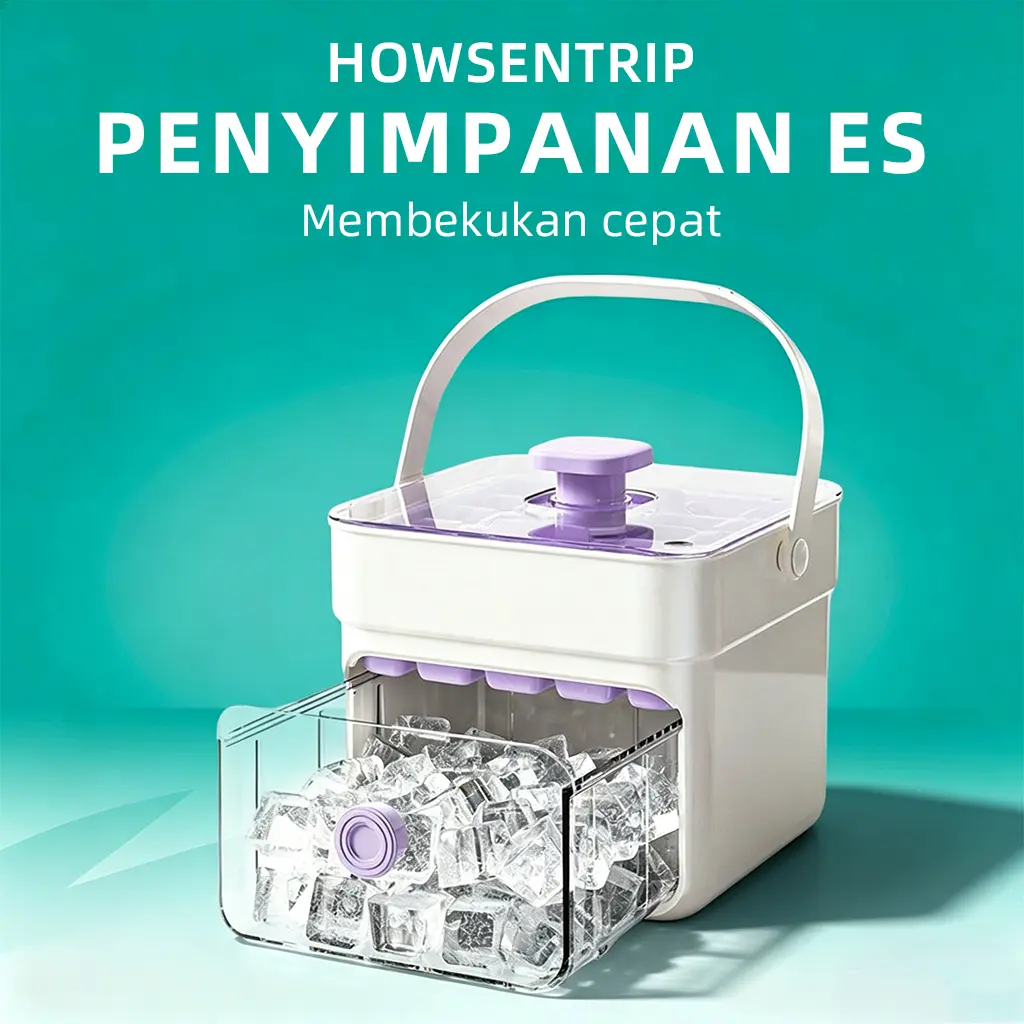 HOWSENTRIP Cetakan Es Batu Tekan Tombol Portable 2 Lapis Kotak Penyimpanan Es Batu Model Laci Dengan Pegangan Dan Sekop Es Kulkas