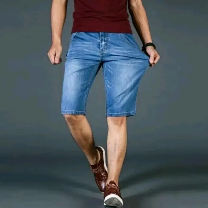 Celana pendek pria lepis jeans santai distro polos Panjang Retro Shorts Denim Biru Dewasa