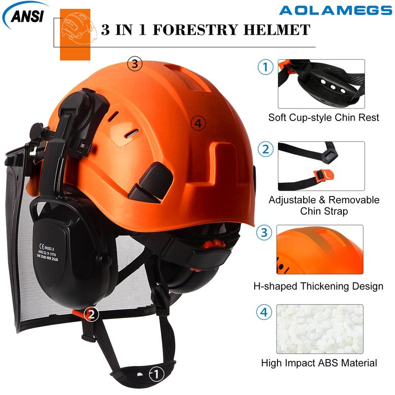 Product Introduction of AOLAMEGS Industrial Forestry Safety Helmet Visor Earmuffs Chainsaw Arborist Logging Hard Hat Goggles CE ABS Construction Working Hard Cap 14