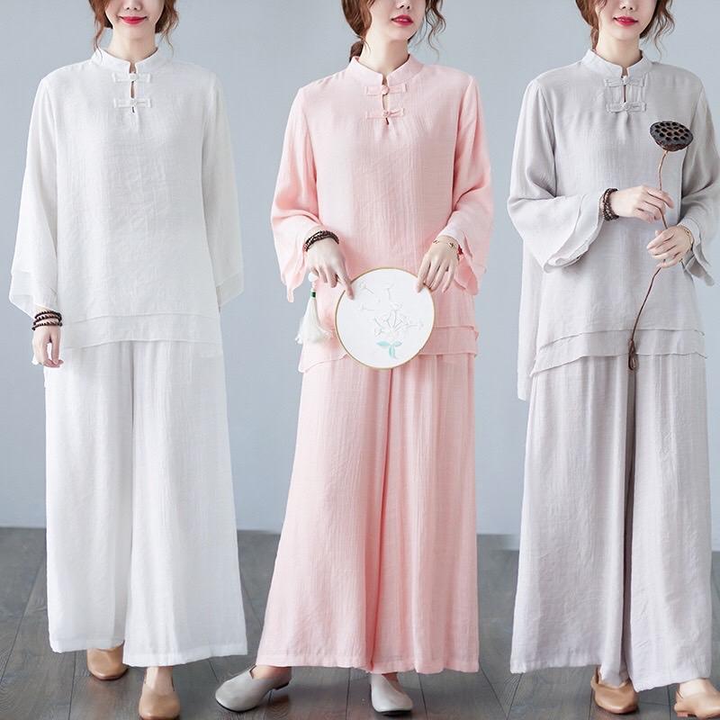 [Thiền Trà]Bộ Thiền Nữ An Vân – Tơ Đũi Mềm Mịn Cao Cấp, Form Rộng, 3 Màu Thanh Nhã | Size M–2XL 0