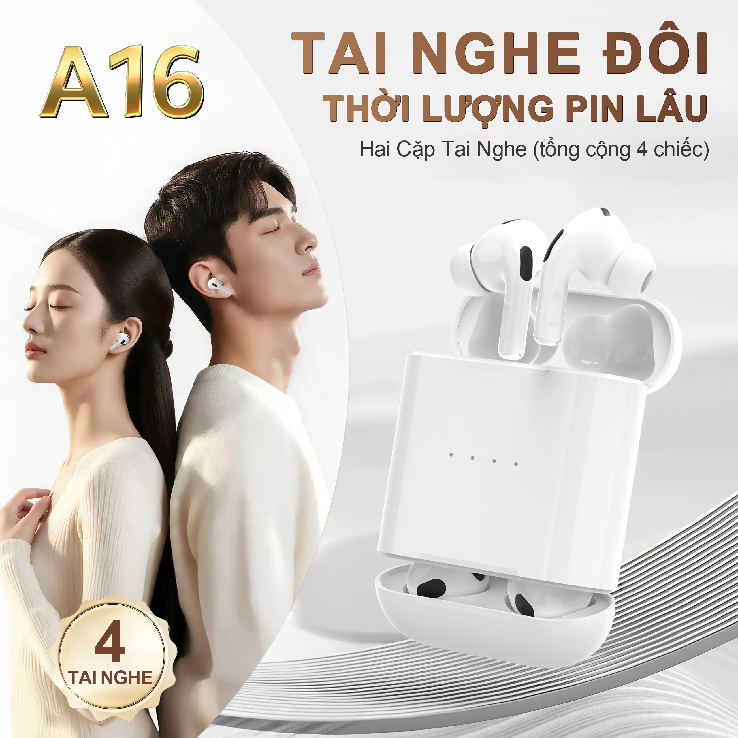 KY A16 (2 cặp tai nghe) Mới Nhất ANC Tai Nghe Đôi, 1 Cặp tai nghe nhét tai và 1 Cặp tai nghe bán nhét tai, Nghe nhạc liên tục hơn 30 giờ, Âm thanh nổi cấp độ HiFi, Chống nước IPX5, Giảm tiếng ồn, Với iPhone và Android