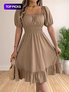 Vestido de mujer liso con dobladillo con volantes y fruncido, vestido de corte A, manga abullonada y cuello cuadrado, vestido de longitud hasta la rodilla para verano, ropa de mujer para uso diario