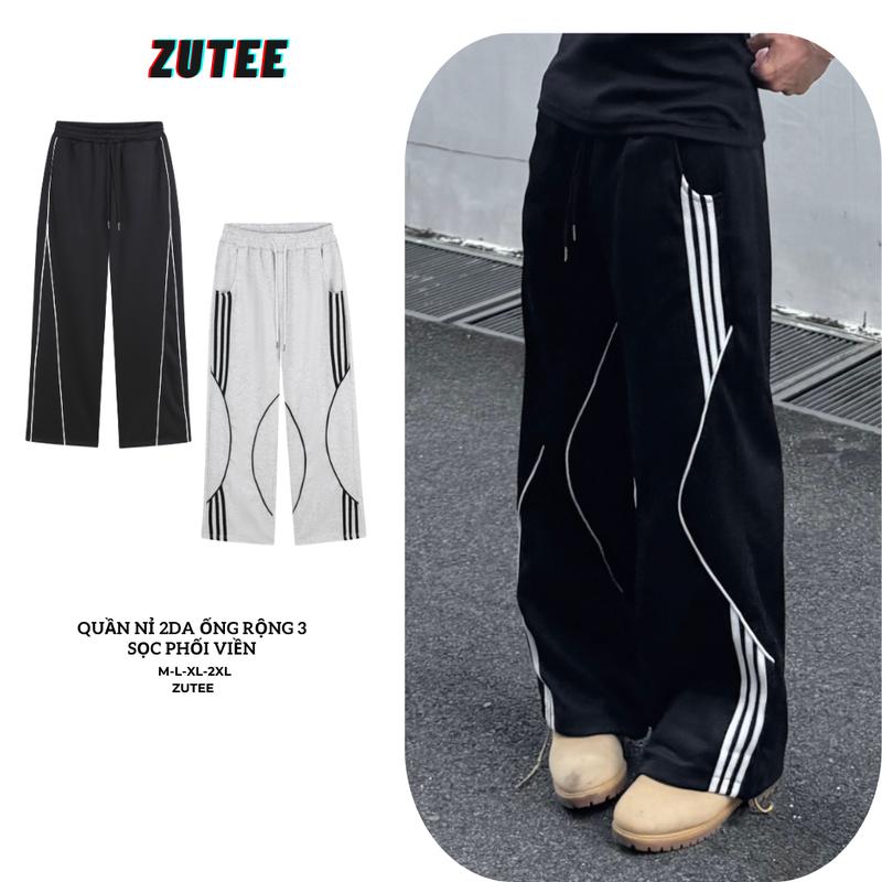 Quần Nỉ 2 Da Sọc Phối Viền ZUTEE Ống Rộng Kiểu Dáng Thể Thao Dáng Suông QS25