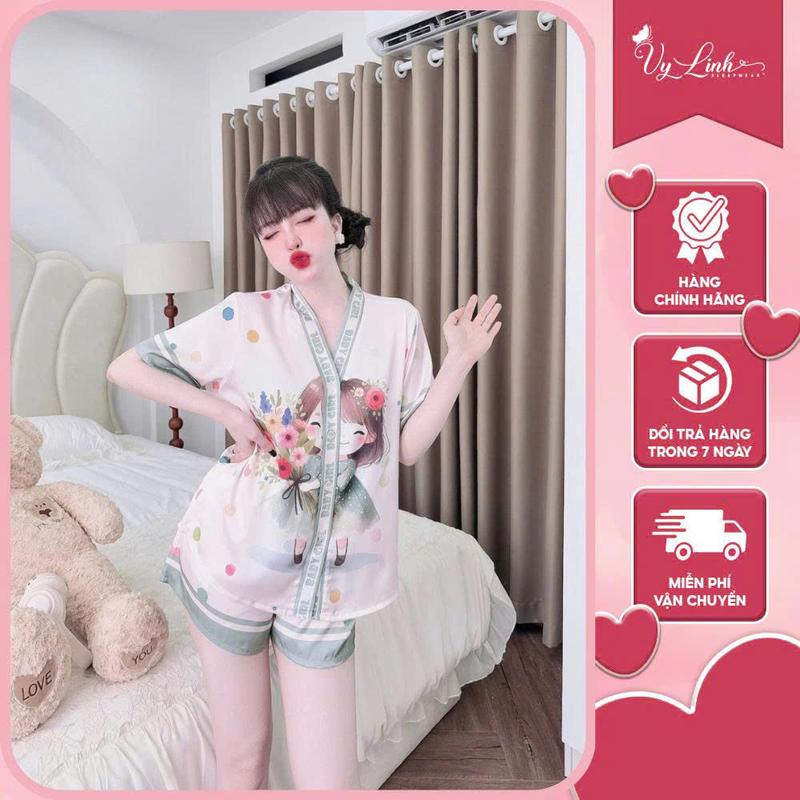 Bộ Đồ Pijama Cổ Y Dành Cho Nữ Hoạ Tiết Hoa Lá Chất Liệu Lụa Latin In 3D Mềm Nhẹ Mát S1103-2