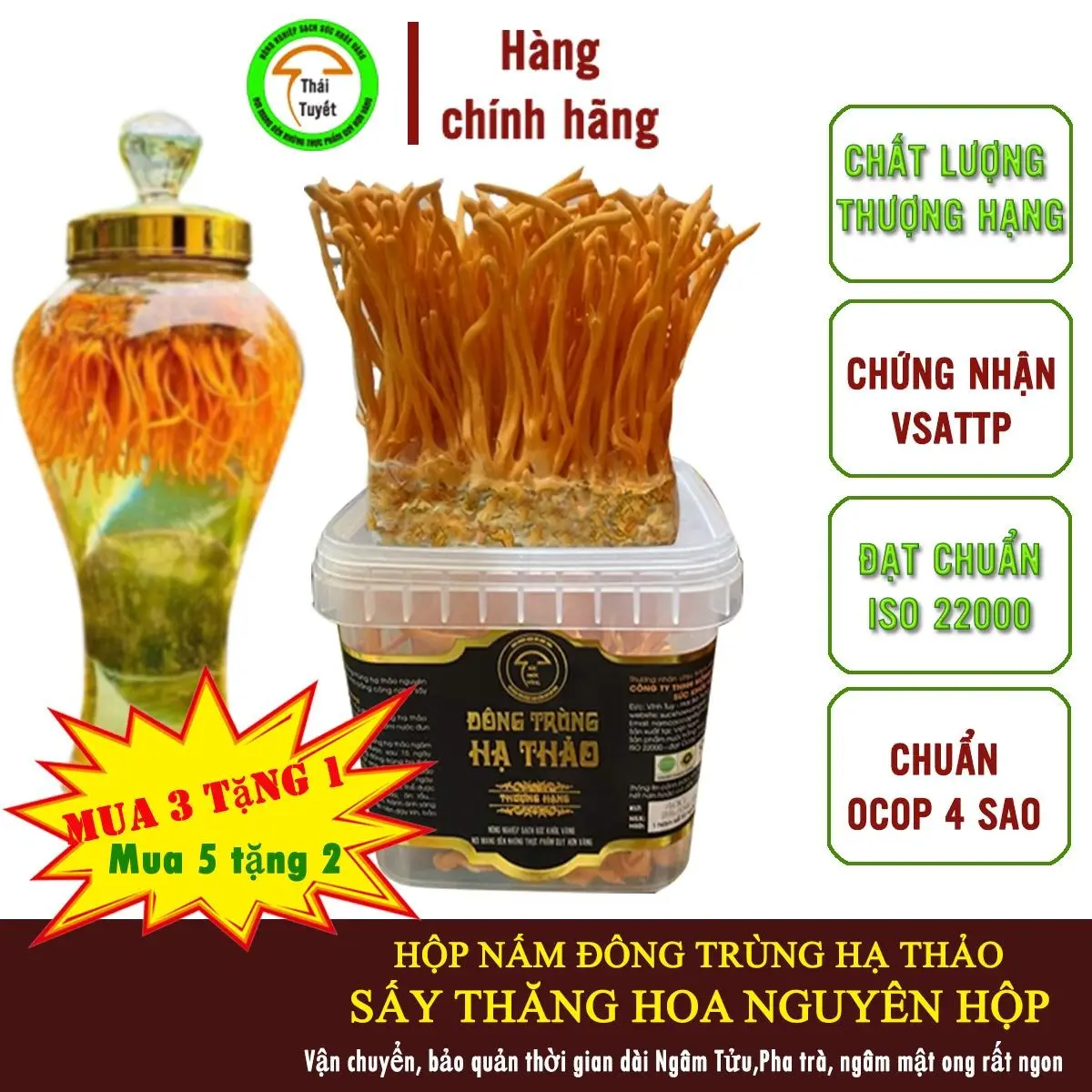 Đông trùng hạ thảo sấy thăng hoa nguyên hộp, mua 3 tặng 1, ngâm tửu, pha trà, bảo quản tiện lợi
