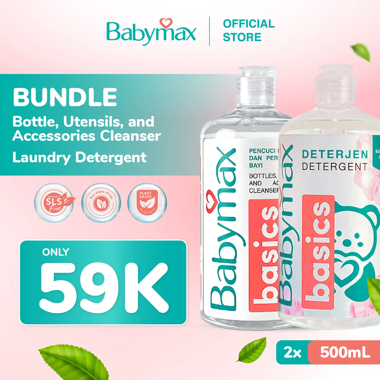 Babymax Basics  Bottle, & Utensils, Cleansers 500 mL,  dan Laundry Detergent 500mL | Sabun Botol Bayi-Deterjen Bayi | Konsentrat -Surfaktan Berbahan Dasar Tumbuhan - SLS Free - Plant Based