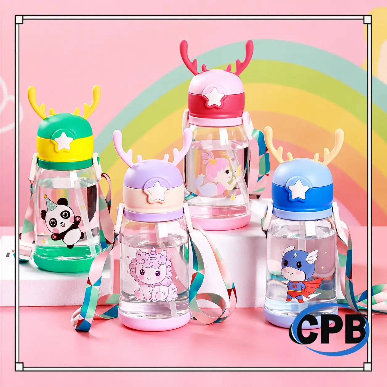 Botol Minum Bentuk Tanduk Rusa 600ML Botol Minum Anak Model Tanduk Rusa Lucu Dengan Tali Sedotan Kekinian