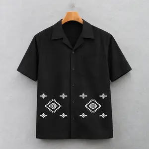 Kemeja Vintage Pria Wanita Lengan Pendek Motif Aztex Black Premium Baju Hawai Polos  Boxy Model Oversize Korean Style Cowok Cewek Casual V-Neck