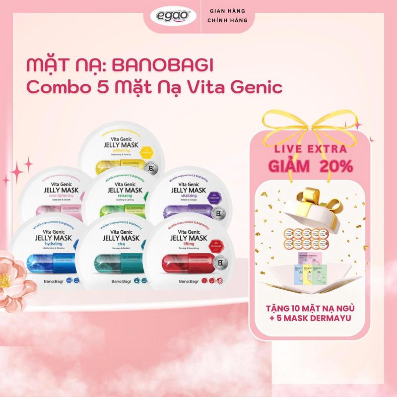 - Combo 20 Mask (5 Mask Bano + 10 Mask ngủ + 5 mask dermayu) Banobagi Cấp Ẩm, Dưỡng Da, Vita Genic Jelly Mask