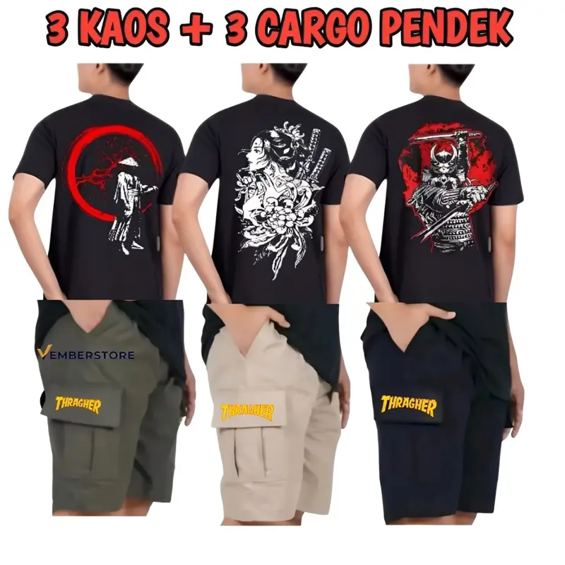 PAKET HEMAT 3 KAOS + 3 CARGO PENDEK SABLON DEPAN BELAKANG Pria