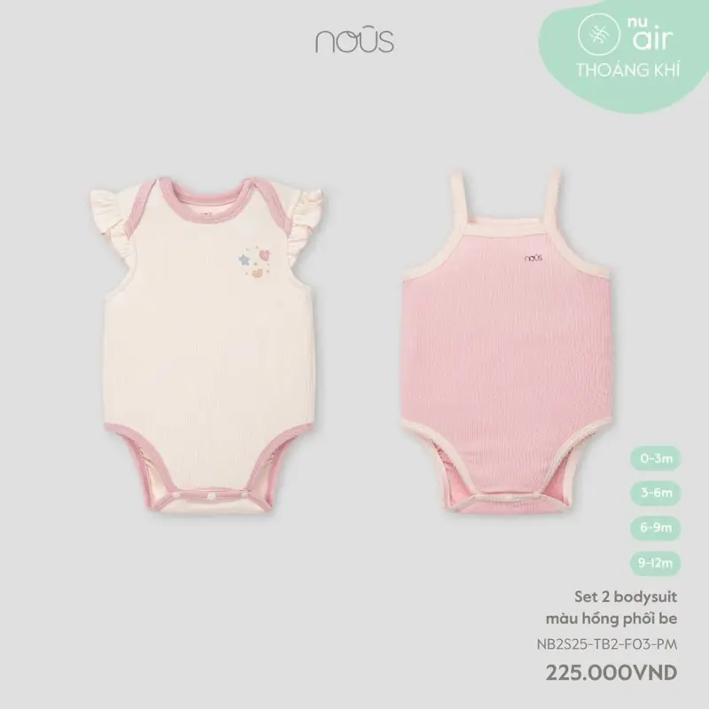 Set 2 bodysuit Nous màu hồng phối be cho bé xinh xắn, mềm mát. Chất nu air điều hòa thân nhiệt tốt, vải co giãn, thấm hút mồ hôi tốt.