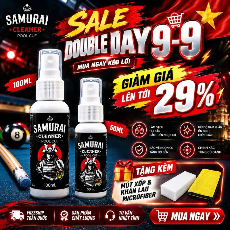 [Siêu sale 9/9] Mua 1 tặng 1 đi kèm 6 mút xốp và khăn lau Microfiber-Nước lau ngọn cơ Bida Samurai giúp làm sạch và bảo vệ cơ bida của bạn.