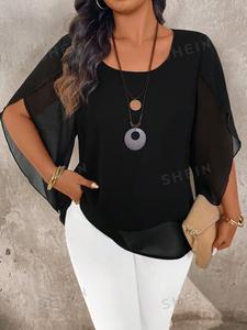 Blusa de chiffon con mangas acampanadas transparentes, tejido elástico ligero, perfecta para casual, oficina, citas y verano