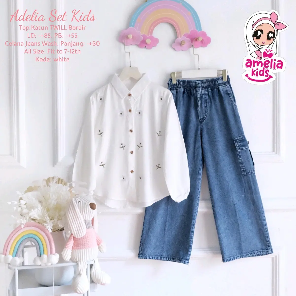 (7-10tahun) New adelia set kids setelan anak remaja perempuan bahan rayon motif bordir bunga