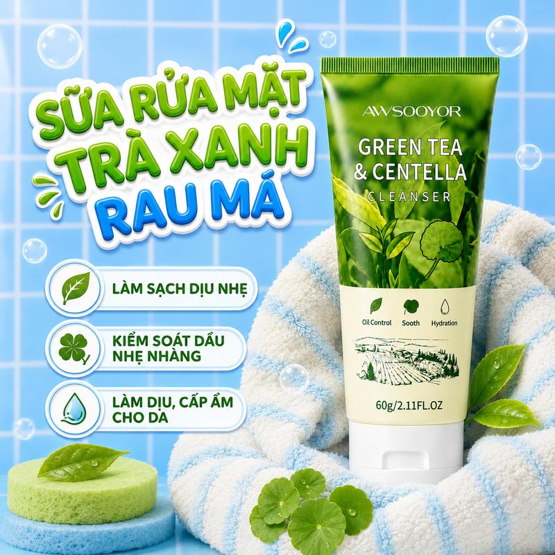 Sữa rửa mặt trà xanh rau má rửa trôi nhẹ nhàng lớp kem chống nắng, da mềm mại không khô rát, kiểm soát dầu nhẹ nhàng, phù hợp nhiều loại da, thích hợp cho cả nam & nữ, 60g
