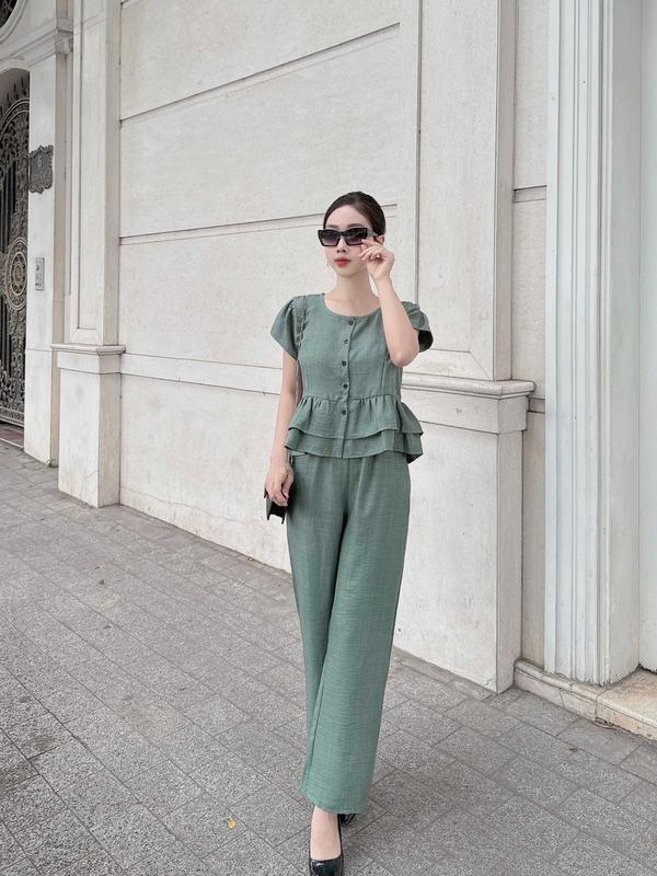  Babydoll SET ĐỒ BỘ QUẦN DÀI ỐNG SUÔNG CHẤT VẢI ĐŨI ÁO TAY NGẮN CỔ TRÒN PHỐI NÚT NHIỀU MÀU SIZE M L XL 6 MÀU 