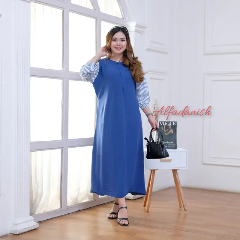 Nayla Dress Airflow Crinkle Kombinasi Rayon Premium Lengan 7/8 Resleting Busui Tali Samping Ibu Nyaman Panjang Tangan Casual Gaun Kaki Midi Gamis Basic Variasi Semata Midi Dress 2