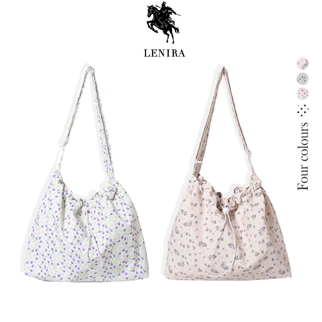 Lenira (B2066)) กระเป๋าสะพายข้างผ้าไนล่อนลายดอกไม้-ปากกระเป๋ารูดเป็นทรงขนมจีบ