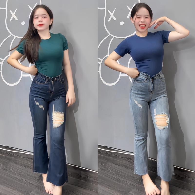   90cm  SHOP NHÍ- Quần Jean Nữ Ống Loe Rách Lỡ lai Cắt  Đủ Size S M L L17 