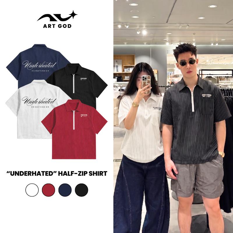 Áo Sơ Mi Boxy Nam Nữ Ngắn Tay UNDERHATED Cổ Khóa Kéo Vải Tuytsi Kẻ Sọc Unisex ARTGOD HMA108