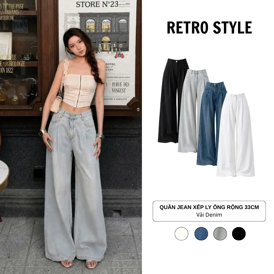 Quần jean xuông ly trước ống rộng tôn dáng cho Nữ Pants Ong