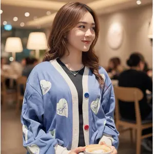 CAIFU Cardigan Crop Love Denim Wanita Kancing Hidup Fleece cardigan buat sekolah baju outfit cewek