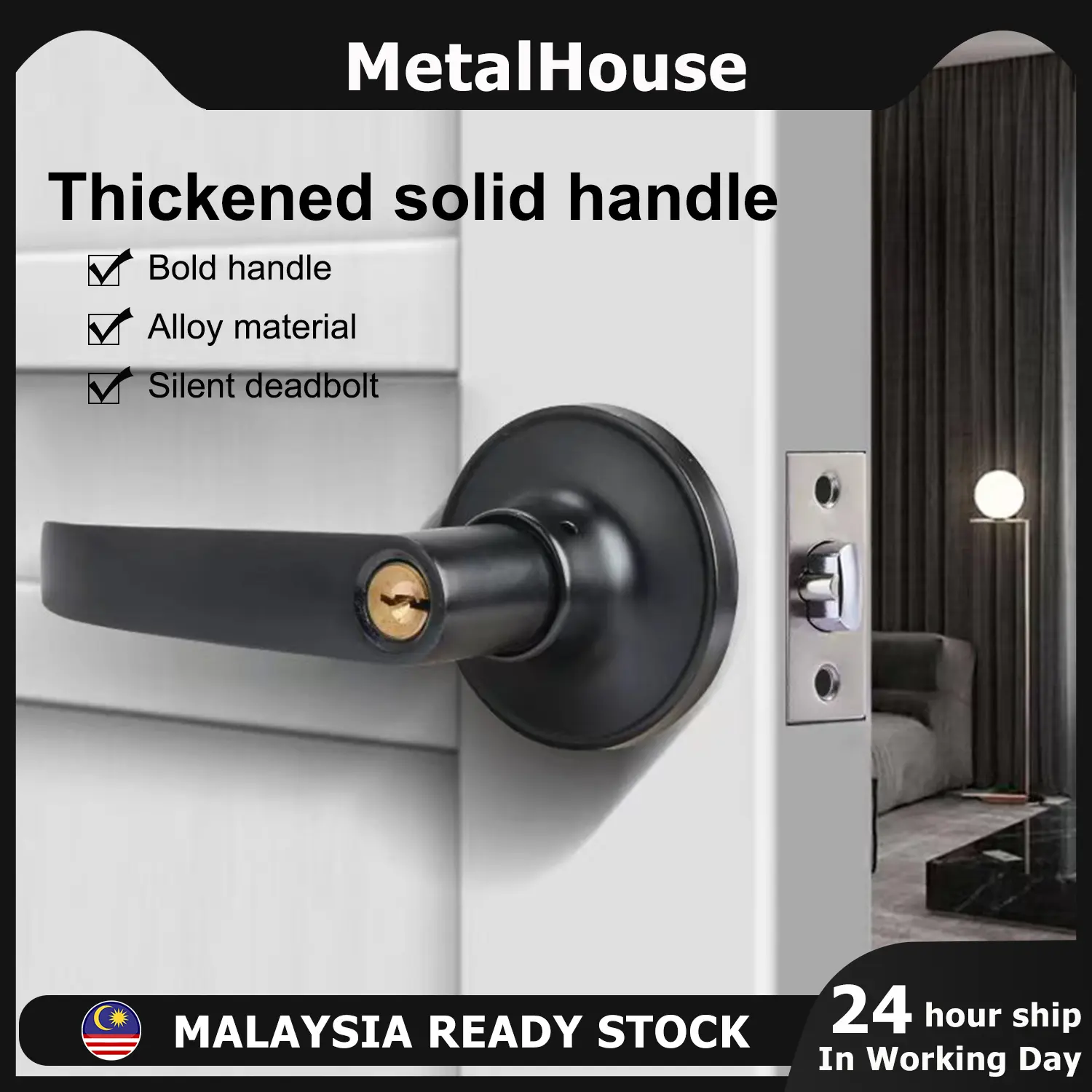 Door Lock Handle Door Lock Set Room Door Lock Bedroom Door Lock Tubular Lever Kunci Pintu Senyap Lock Grip Hardware