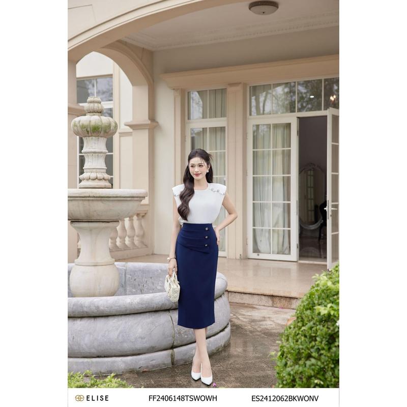 Chân váy bút chì tím than vạt xếp nhún Thiết kế Elise mã ES2412062BKWONV
