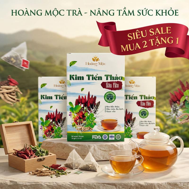 Trà Kim Tiền Thảo - Trà Hoàng Mộc (90 túi lọc siêu tiết kiệm ) Thành Phần: Kim Tiền Thảo, Râu Mèo, Ba Kích, Nấm Ngọc Cẩu, Quả Chuối Hột, Kế Đầu Ngựa, Cỏ Ngọt