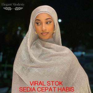 Selendang Kain Kasa Berkilauan Wanita, Bernafas, Bebas Kedutan, Tahan Habuk, Aksesori Perjalanan Bergaya, Hijab Songket Klasik, Kapas Persegi, Voile Premium, Termasuk Klip Pengikat