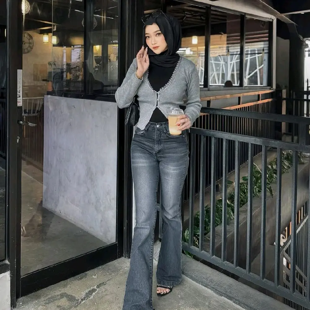 RETRO Jeans Cutbray Haigwaist Celana Panjang Wanita Warna Retro Streatch