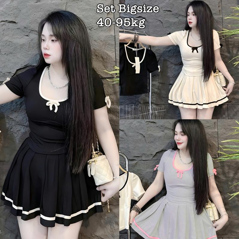 Thời Trang Bigsize - Set Bộ Váy Bigsize Thun Tăm Đính Nơ Hot Hit Nữ Cao Cấp Xinh Đẹp Sang Trọng Dễ Thương Giá Rẻ 40-95kg Én Nhỏ Có Bigsize Nhung Đen Voi Kem Tím - 2445