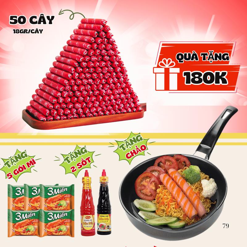   MUA 1 TẶNG 4  50 cây xúc xích Mini  Cây nhỏ 18gr cây -TẶNG 5 gói mì + 2 chai tương + 1 chảo chiên -  vị thơm không mặn xúc xích ăn liền đồ ăn vặt snack food thức ăn 
