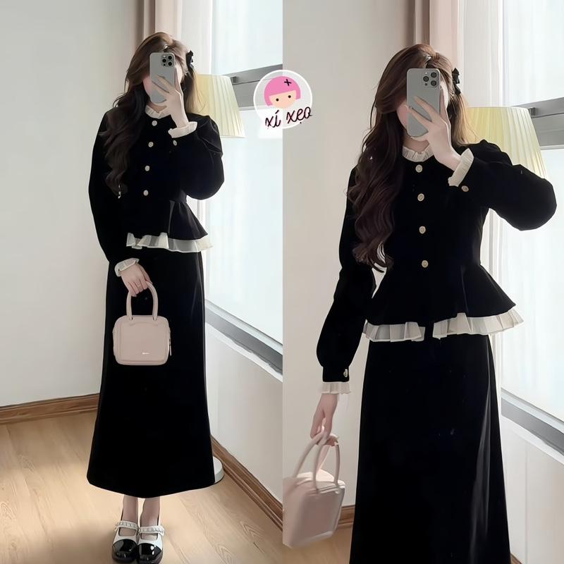 Set áo nhung XIXEOSHOP kèm chân váy dáng dài ngắn tiểu thư sang chảnh- S35