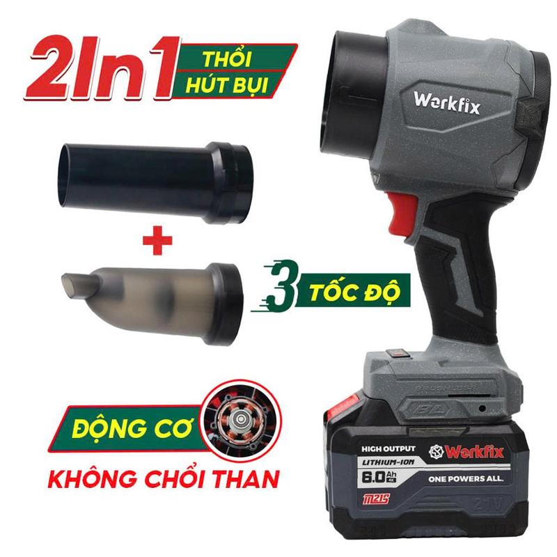   Vừa Thổi Vừa Hút  Workfix Máy Thổi Phản Lực WF-BS1000G Pin 15 Cell 21V 6Ah Động Cơ Không Chổi Than Thổi Bụi Lá Cây Ô Tô Sấy Tóc Bảo Hành 6 Tháng 