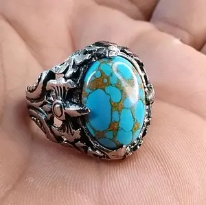 Cincin batu pirus mesir urat emas ceplok kuro blue fancy / pirus biru / persia / hubai cincin pria