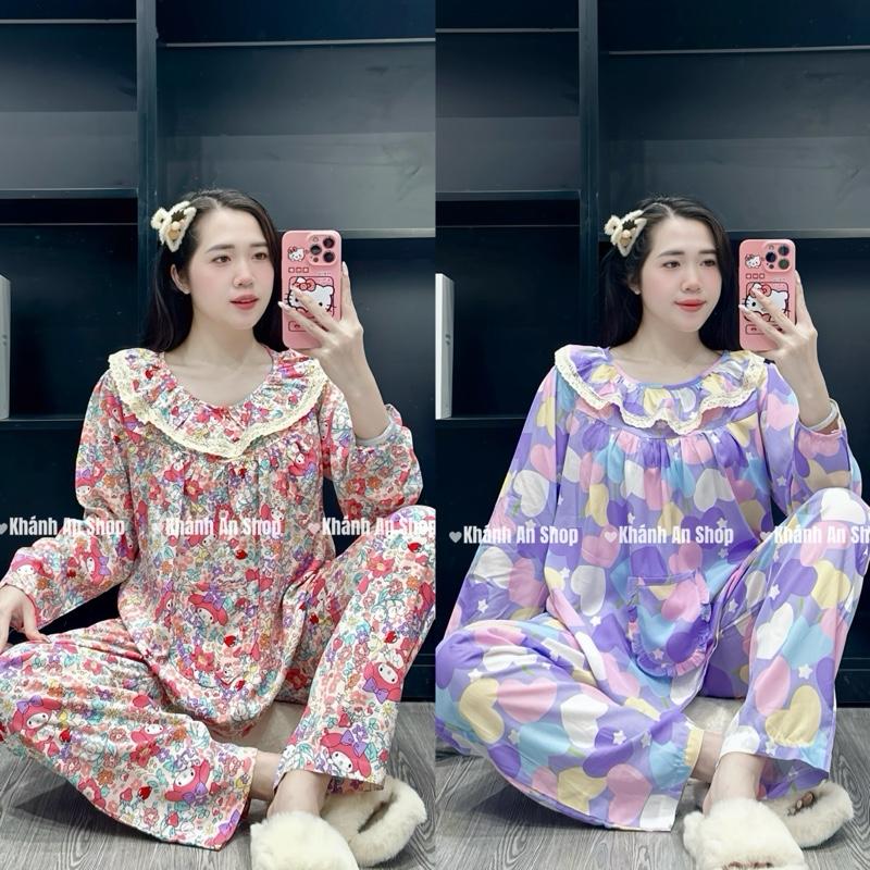 KA777 - Đồ Bộ Tole Lanh Áo Cổ Tròn Phối Bèo Ren Tay Dài Quần Dài