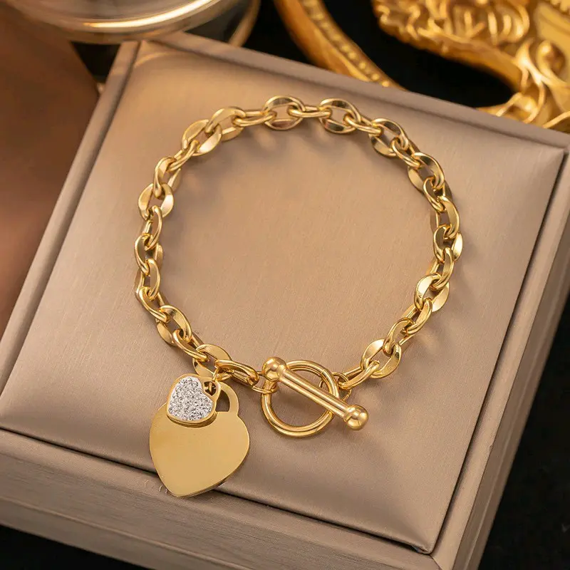 #120 Gelang Tangan Love Permata Pengait Jarum Panjang 18cm Titanium Perhiasan Bracelets