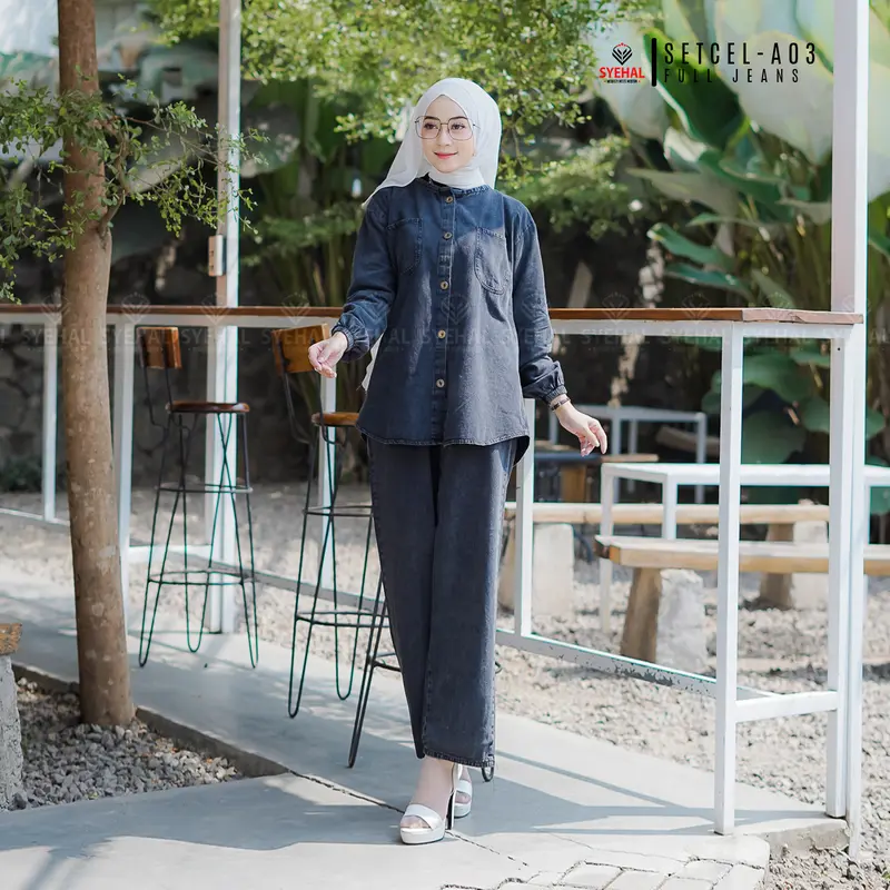 Setcel - A03 SYEHAL COLLECTION- Oneset / Setcel Kemeja Wanita Full Jeans - Setelan Pakaian Wanita Denim Baju Panjang 5